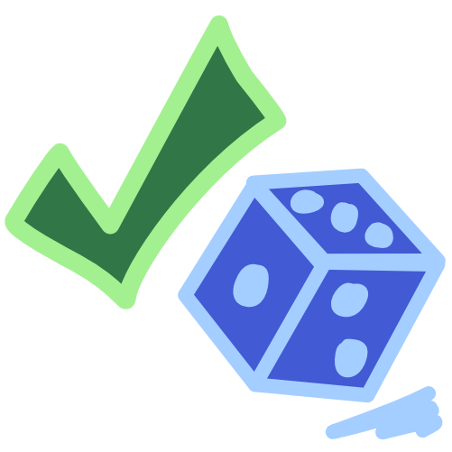  a blue die tipped on one of its corners with a blue shadow in front of sits next to a green checkmark. The image has light line art.